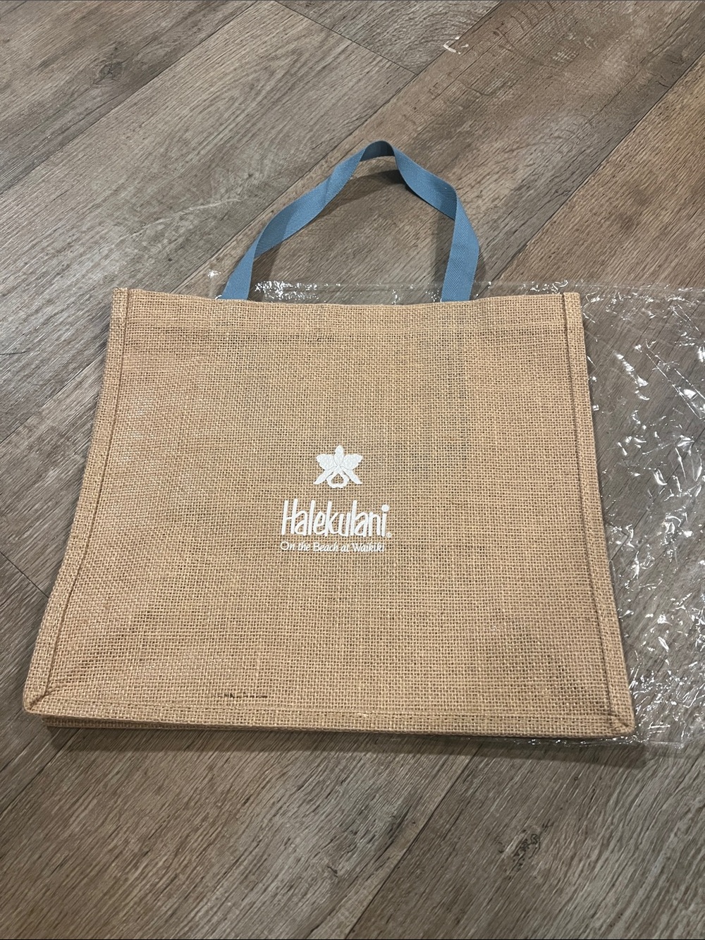 HALEKULANI Tan Jute Tote bag with Blue Handles